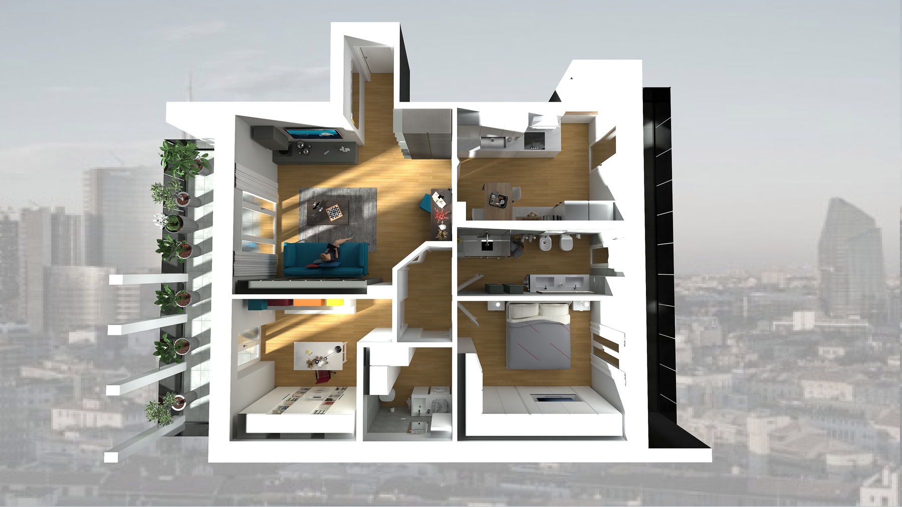 Fase 1 render generale. Arredamento appartamento Eleonora e Gabriele